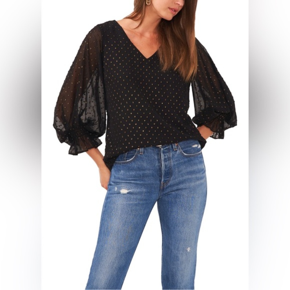 Vince Camuto Ballon Sleeve Black sequin polka dot Blouse